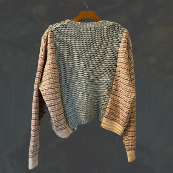 Upcycled spliced wool-blend sweater with denim flower sz S - Picture 2 of 6